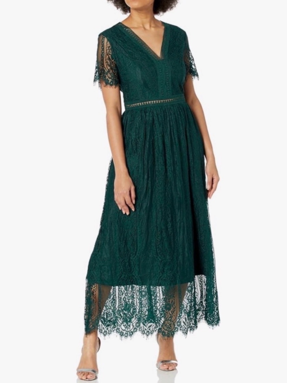 Elegant Deep Green Lace Midi Dress with V-Neck